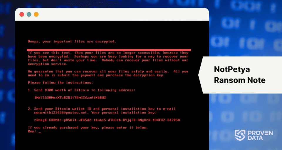 NotPetya ransom note: Fake ransom demand Upon reboot, victims see a ransom note demanding payment in Bitcoin. However, this is merely a facade – the unique ID shown in the ransom note is randomly generated and not tied to the encryption key, making decryption impossible even if the ransom is paid.