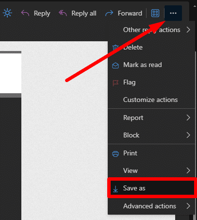 Download emails to your computer from Outlook Desktop Application (Windows or Mac): Open the Microsoft Outlook application on your computer. Find the email you wish to download and select it. Go to the File menu in the top toolbar. Click on Save As. In the dialog box, choose a location to save the file. By default, it might be saved as a .msg file. To save the entire source, including headers, you should save it as an .html or .txt file. Name the file and click Save.