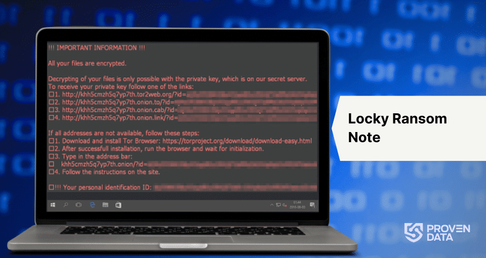 Ransom demand After encryption, Locky displays a ransom note on the victim's desktop. This note instructs the user to download the Tor browser and visit a specific dark web site for payment instructions. The ransom demand typically ranges from 0.5 to 1 Bitcoin, with the exact amount varying over time as Bitcoin's value fluctuates.